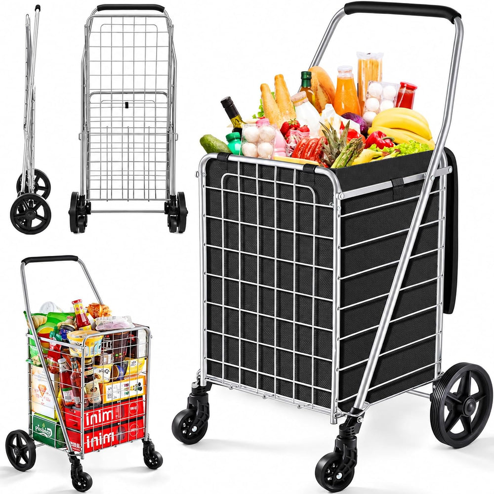 Wellmax Grocery Cart & Folding Shopping Cart with Wheels, 66 lb Max, Medium