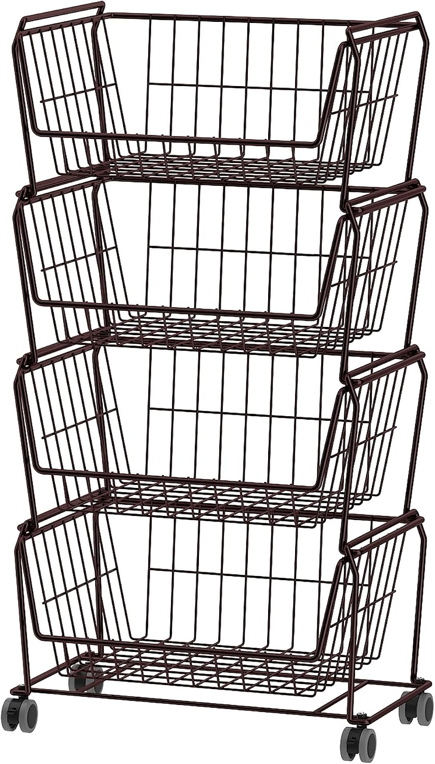 PUSDON 4-Tier Spacious Stackable Wire Storage Baskets with Wheels, Metal Roll...
