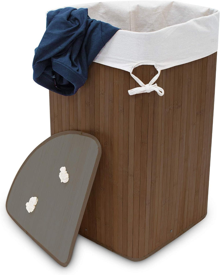 Relaxdays Corner Laundry Basket Hamper Bamboo 65 x 49.5 x 37 cm 64L Folding Clothes Collector Storage Bag, Brown
