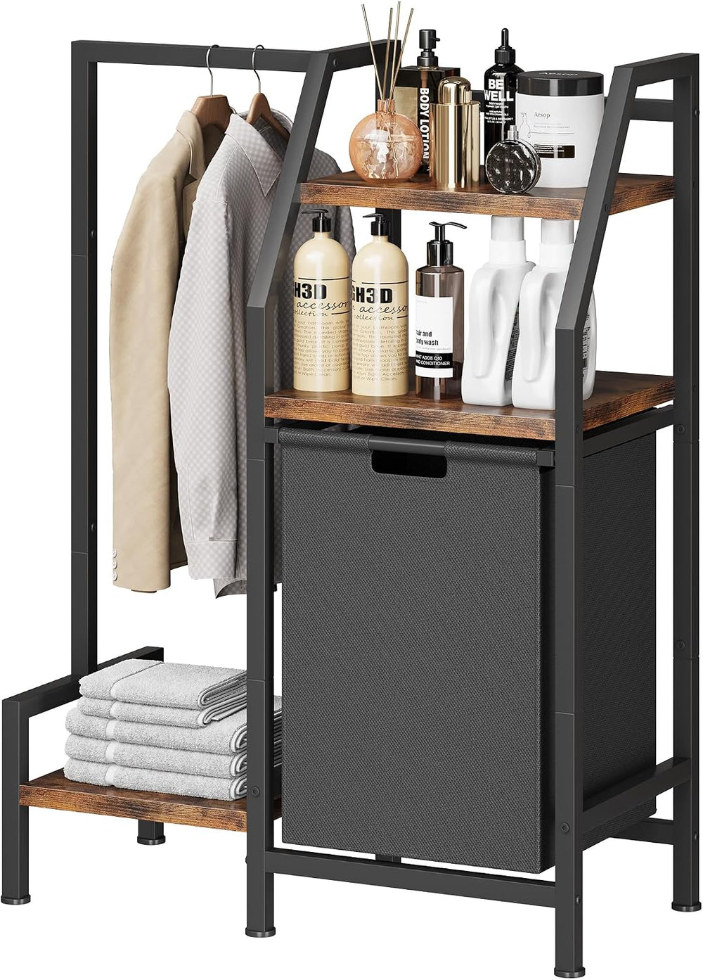 Laundry Hamper with Hanging Rack and 3 Shelves, Large Laundry Storage Basket,...