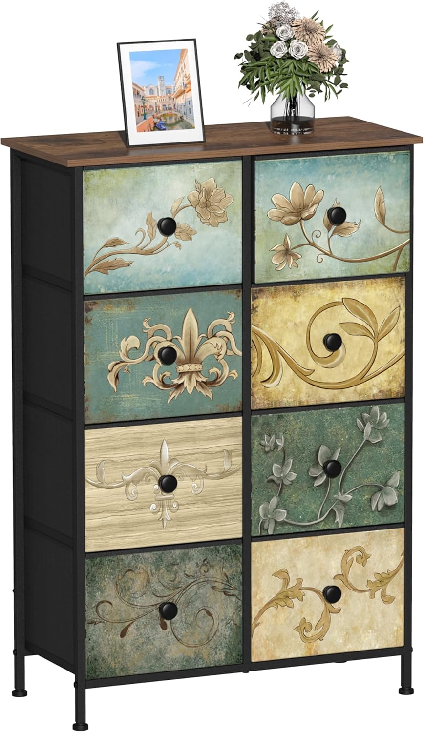 Tohomeor Narrow Storage Dresser Slim Dresser with Retro Flowers Fabric Drawer...