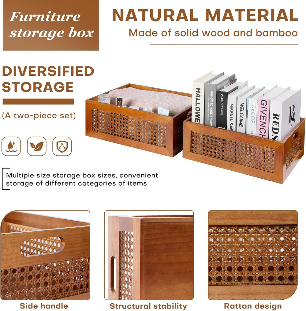 Rattan Wooden Box Set of 2 Handmade Decorative Storage Basket with Handles