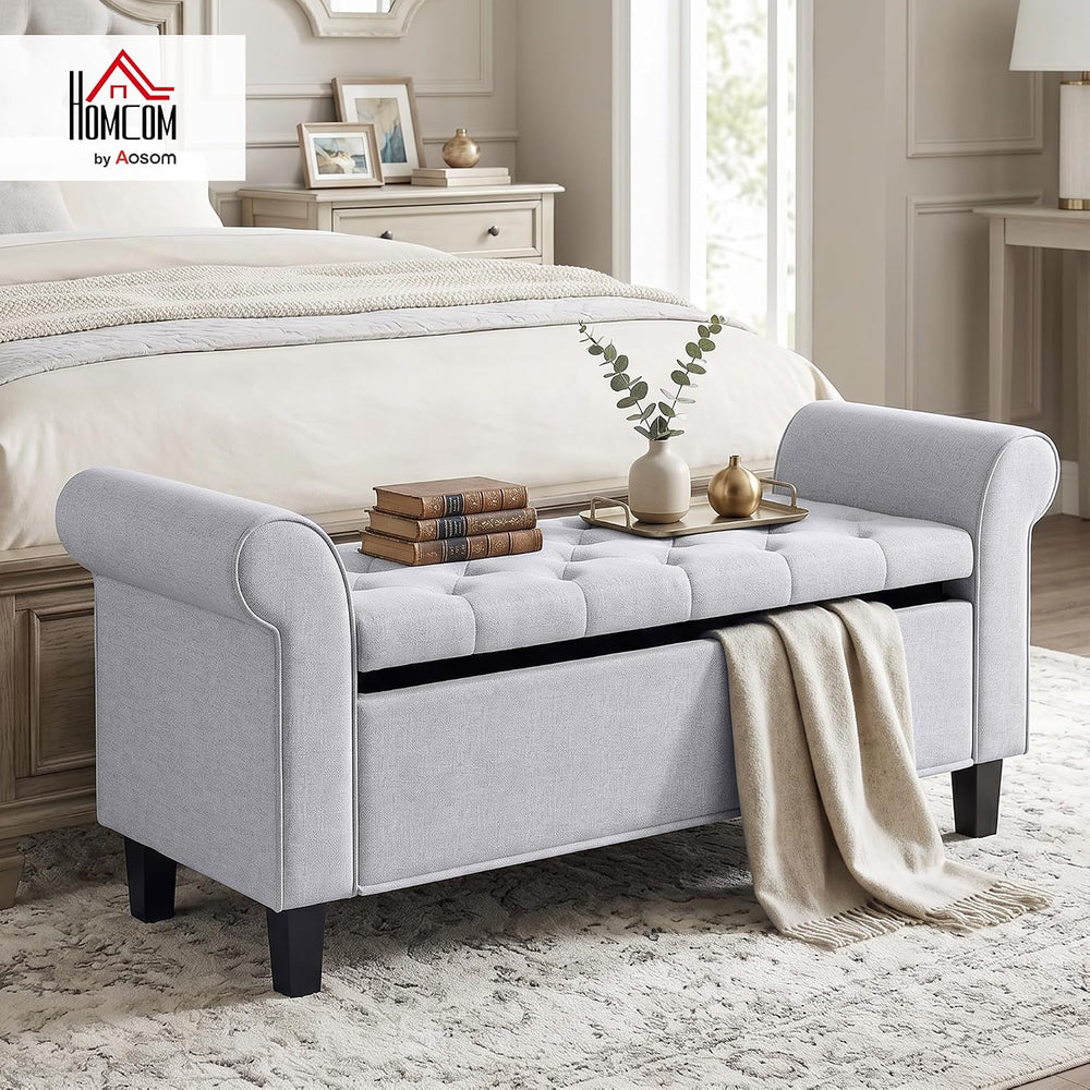 HOMCOM 47" Storage Ottoman End of Bed Bench with Rolled Arms Light Gray