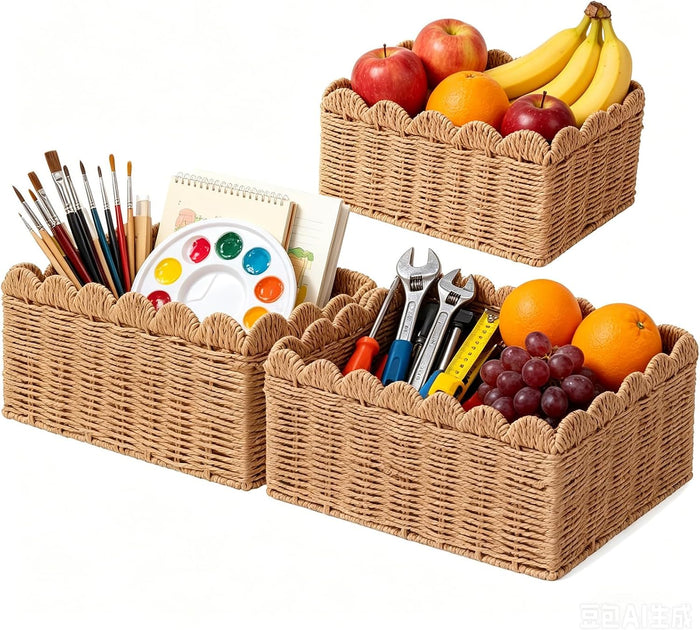 3 Pcs Wicker Storage Baskets for Shelves Picnic Basket,Scalloped Baskets, Hand-woven Wicker Storage Cubes, Paper Rope Shelf Baskets for Organizing and Decoration,Brown Basket