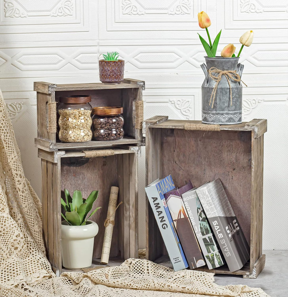 TIMRIS Set of 3 Rustic Wood Nesting Crates, Farmhouse Wooden Storage Containe...