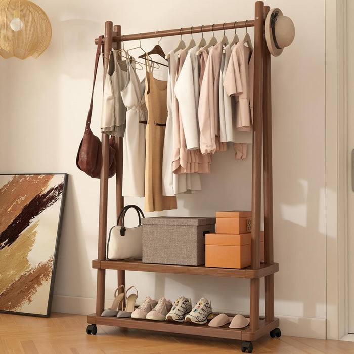 Solid Wood Clothing Rack with Wheels, Garment Rack Shelves, 31.5" Walnut
