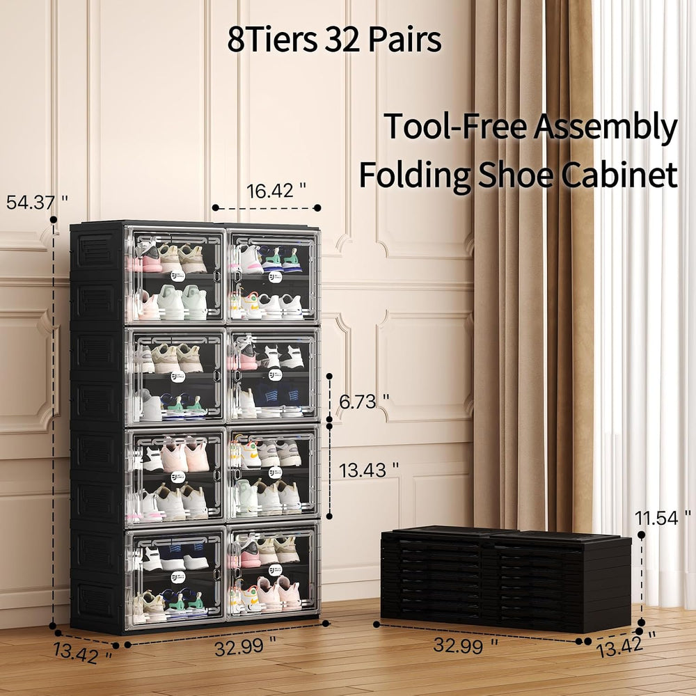 Foldable Shoe Cabinet with Magnetic Clear Doors, Wide Design Shoe Rack for En...