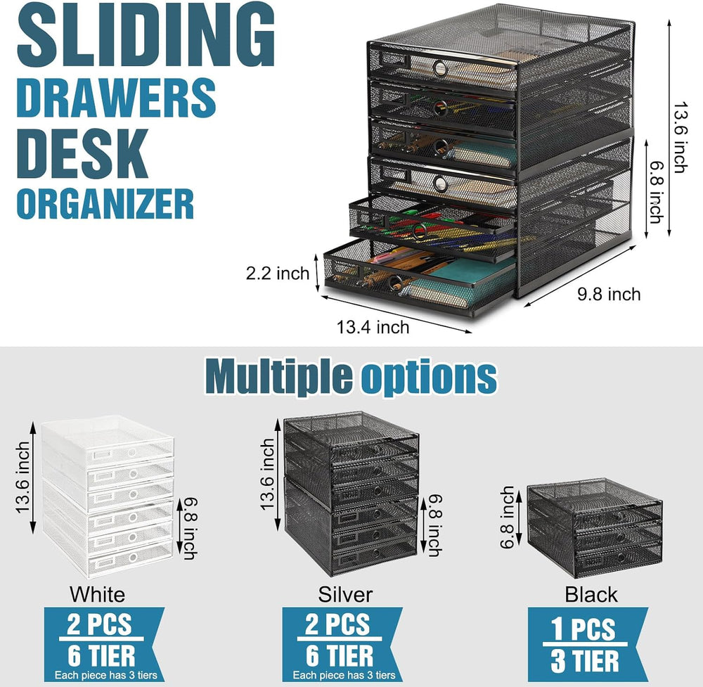 Zhanmai 1 Pack Black Desk Organizer Total Wire Mesh with Drawer, 3 Tier