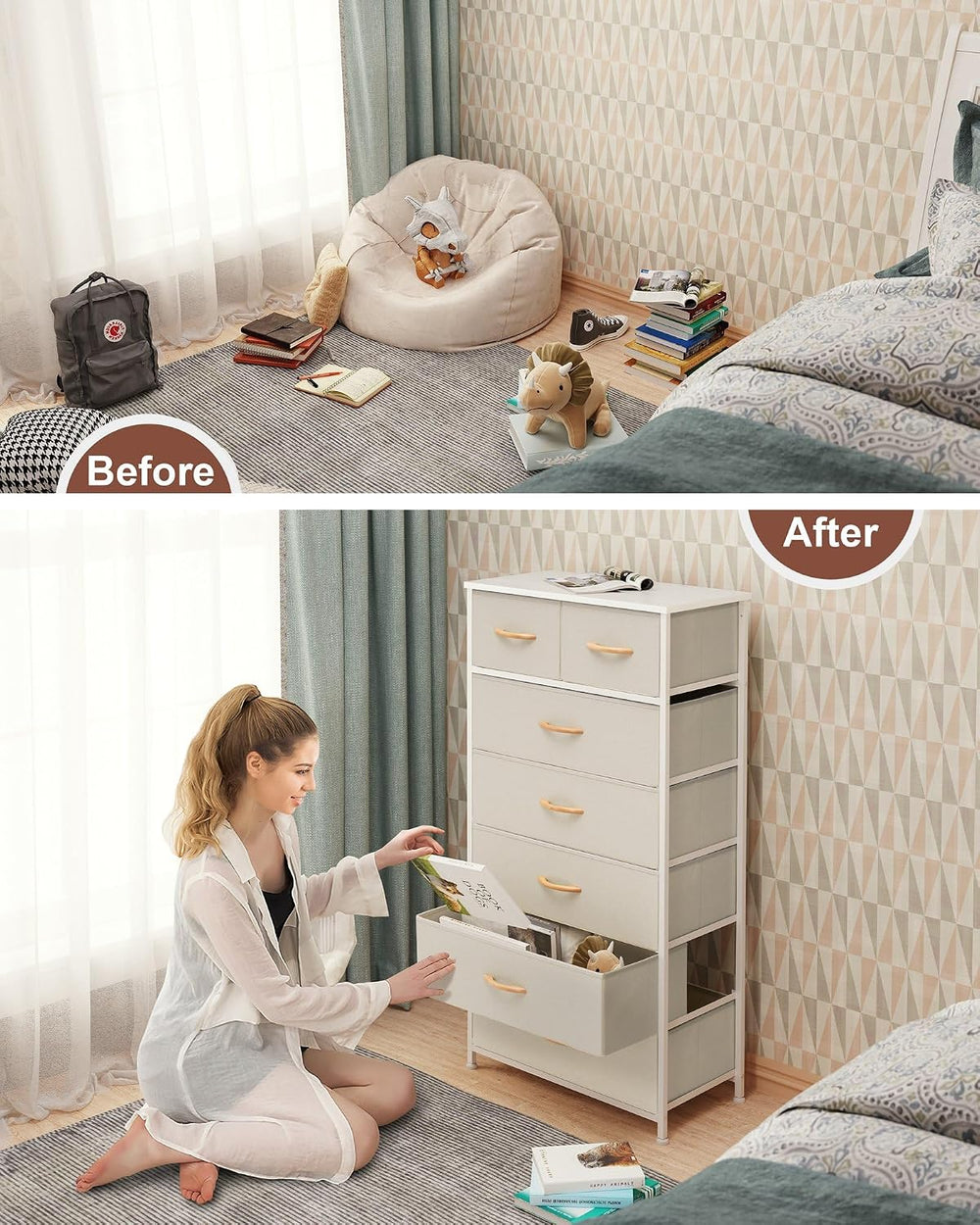 Fabric Dresser with 7 Drawers, Vertical Storage Tower (Beige)