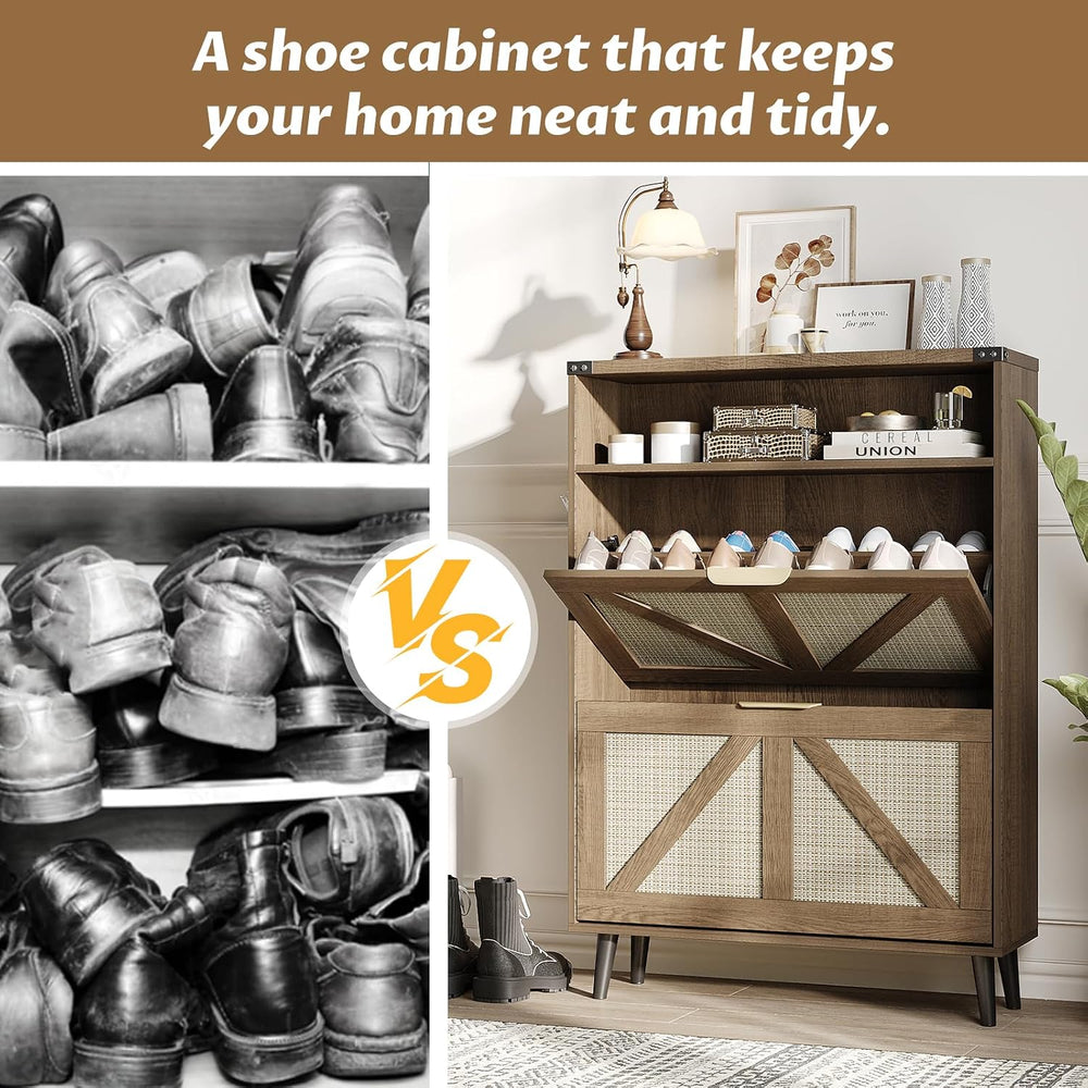 Halitaa Shoe Cabinet with 2 Flip Drawers & Open Storage,Farmhouse Shoe St...