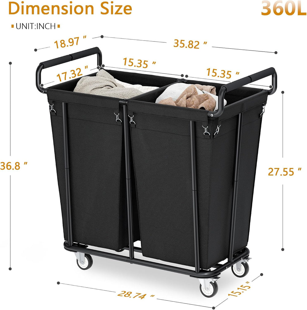 Gewudraw Heavy Duty Laundry Hamper with Wheels 2 Section, 360L, Black