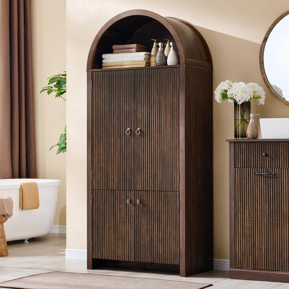 IFBUY 71" Tall Arched Bathroom Storage Cabinet, Modern Fluted Design, Brown