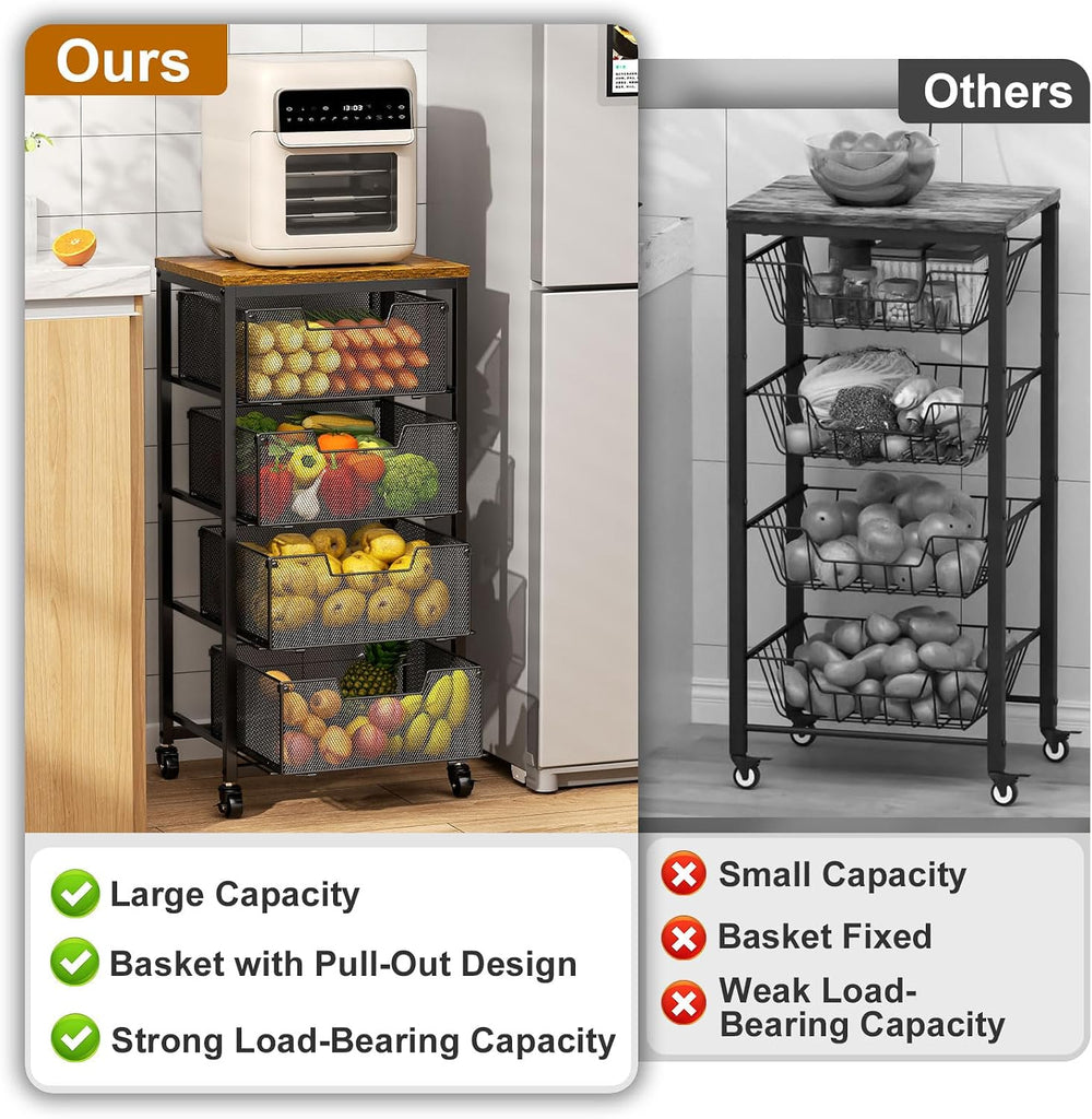 Kitchen Rolling Cart with Drawers, 4-Tier Fruit Vegetable Storage Cart on Whe...