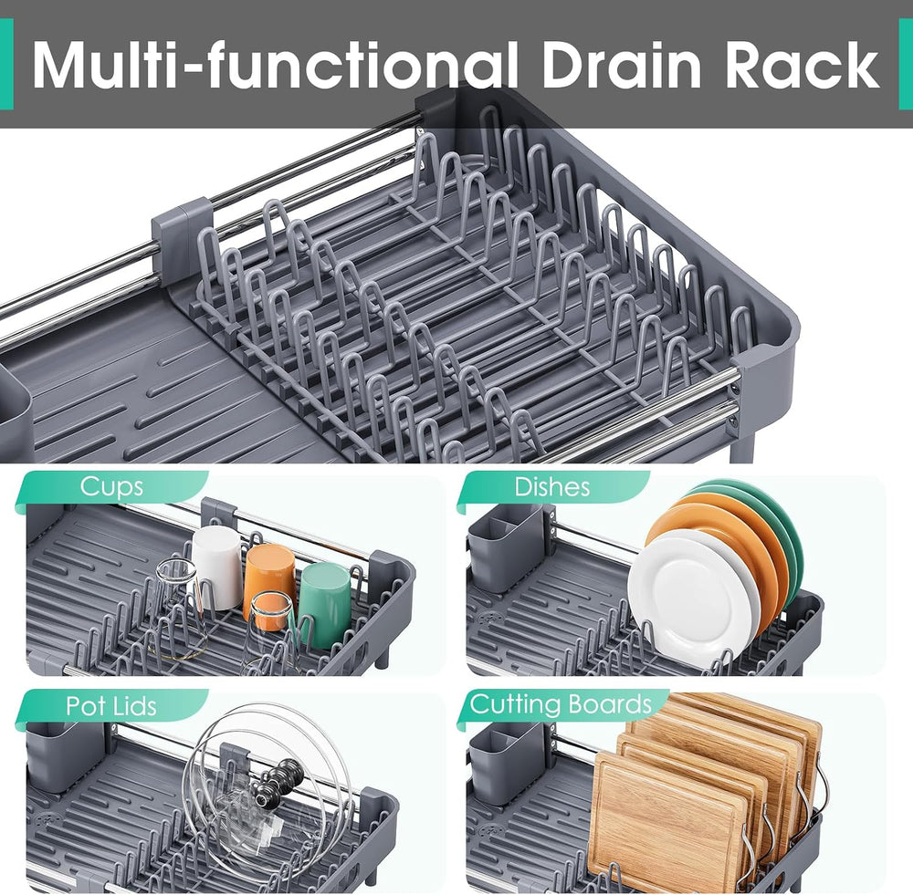 TOOLF Expandable Dish Drying Rack for Kitchen Counter, Standard, Grey