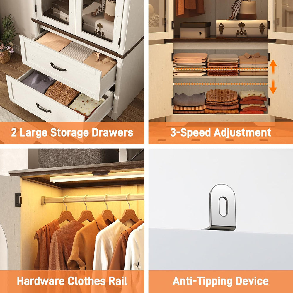Tall Farmhouse 6 Doors Armoire Wardrobe Closet with LED ,72" Freestandin...