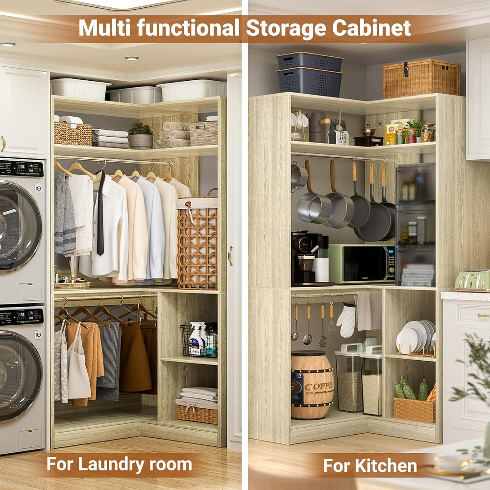 Aheaplus Corner Closet System with Shelves, L Shaped Closets, White Oak