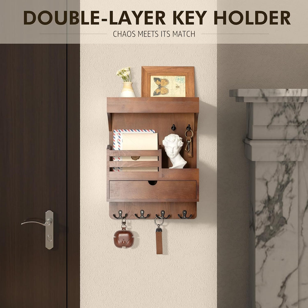 Rebee Vision Key Holder Wall Mount with Drawer Organizer for Entryway,Brown