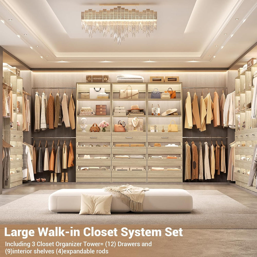 Aheaplus Closet System with 12 Drawers, 8.5-11.5Ft Wood Closet Organizer