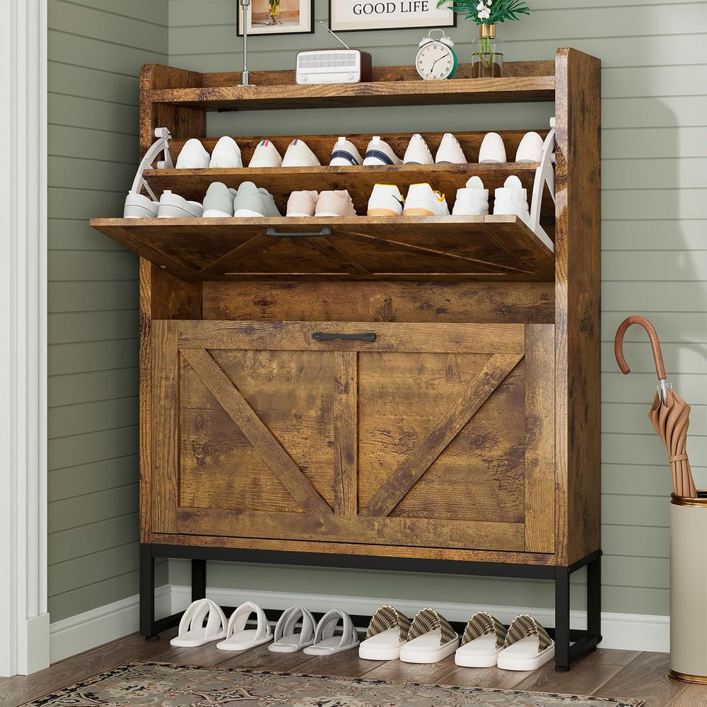GRUSIGN Shoe Cabinet, Shoe Storage Cabinet with 2 Flip Drawers & Adjustab...