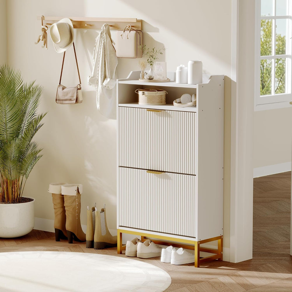 GarveeHome Fluted Shoe Cabinet Storage for Entryway, Wood Shoe Rack with 2 Fl...