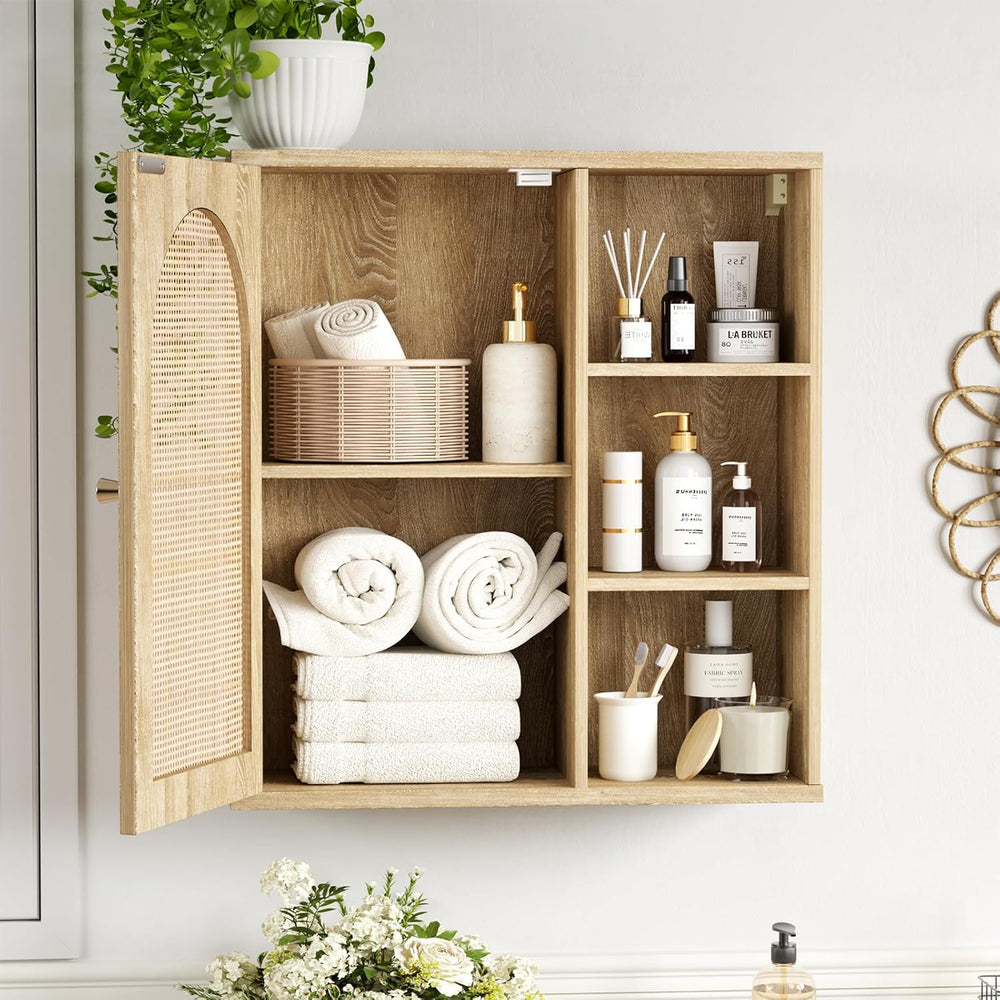 Rattan Bathroom Wall Cabinet with Door, Boho Medicine Wall Cabinets with Adju...