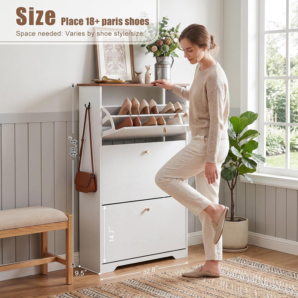Nicetree Shoe Cabinet, 3 Flip Drawers Slim White Walnut Top Entry Storage