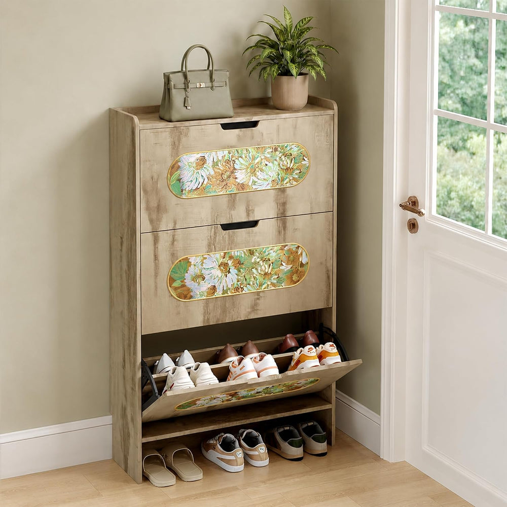 Shoe Cabinet with 3 Flip Drawers and Floral Fabric Panels, Light Oak