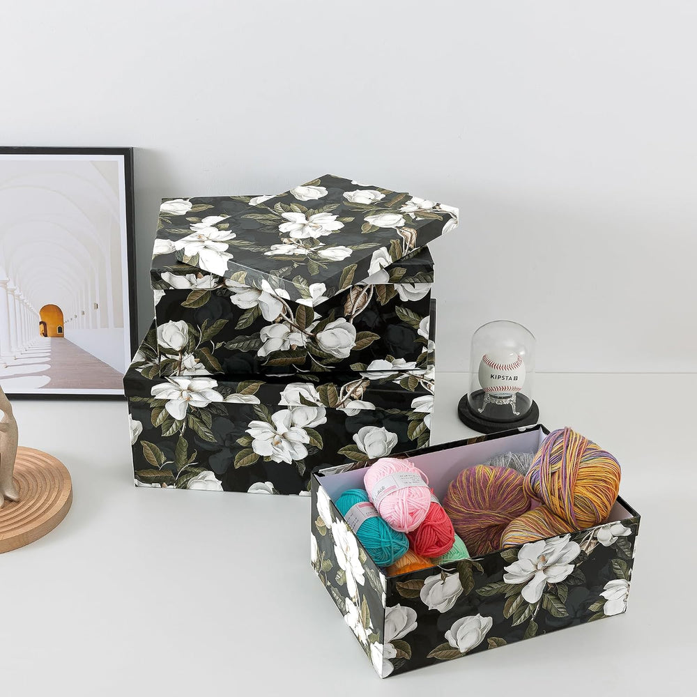 Soul & Lane - Midnight Gardenia Decorative Boxes with Lids, Set of 3, Black