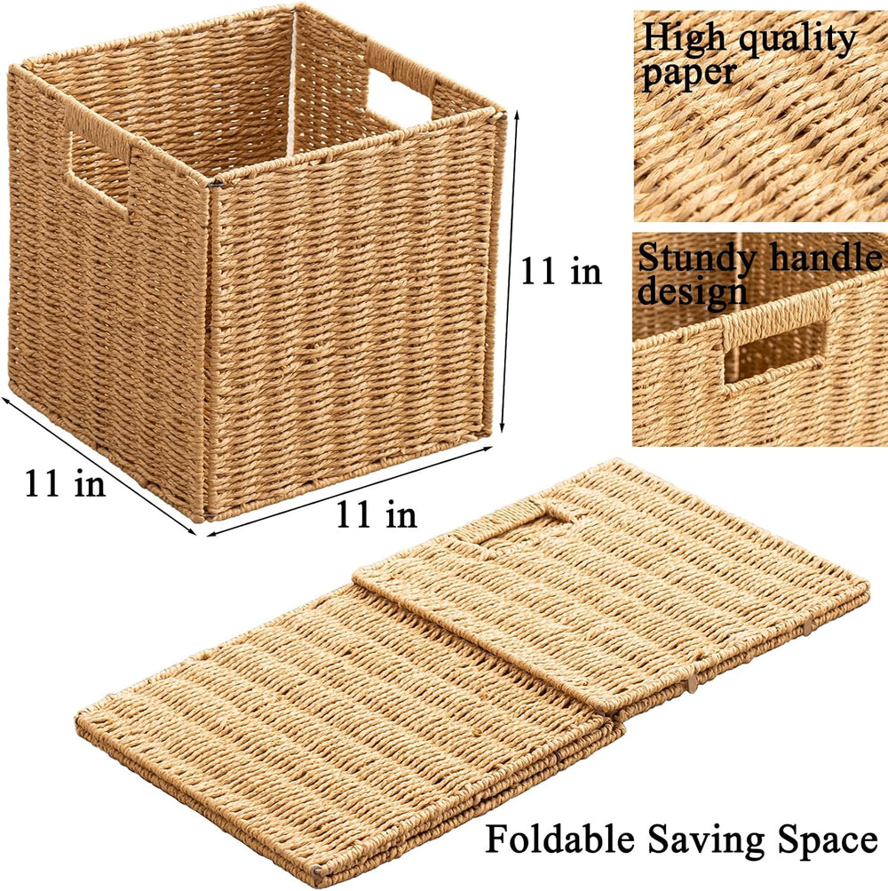 Foldable Storage Baskets with Handles Paper Rope Storage Baskets Rectangle Co...