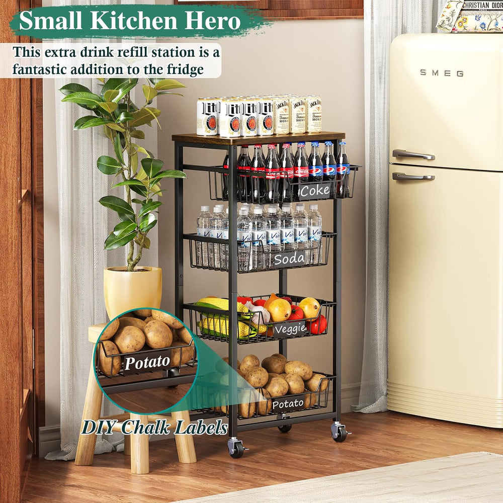 OKZEST 5-Tier Kitchen Storage Cart with 4 Upgraded Drawer Basket & Wood Top