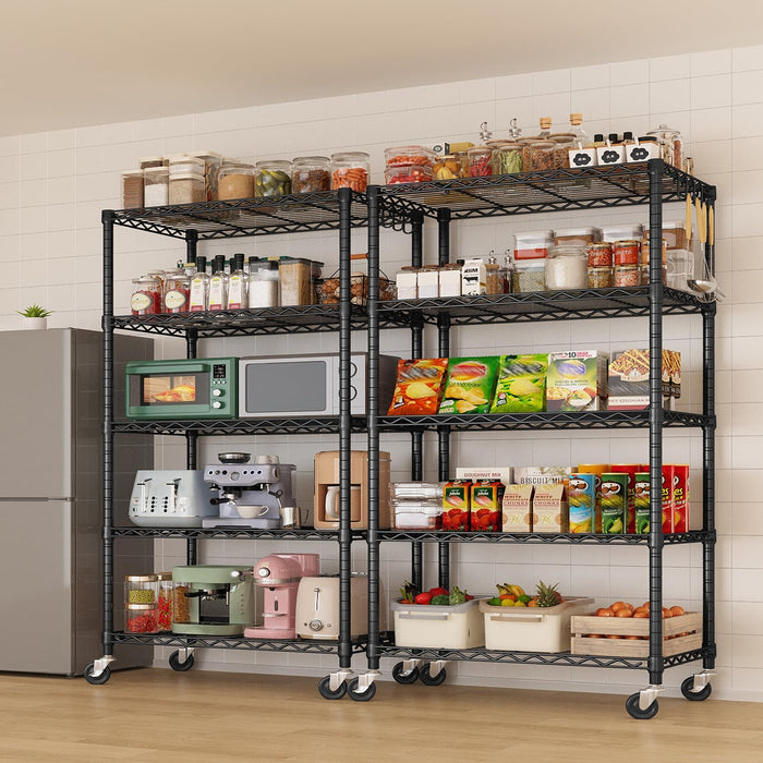 24" W x 18" D x 75" H Wire Storage Shelves with Wheels: 5 Tier Adjustable Metal Shelving Unit, Heavy Duty Bakers Rack Rolling Pantry Shelf Organizer for Closet, Kitchen, Laundry Black, 4PCS