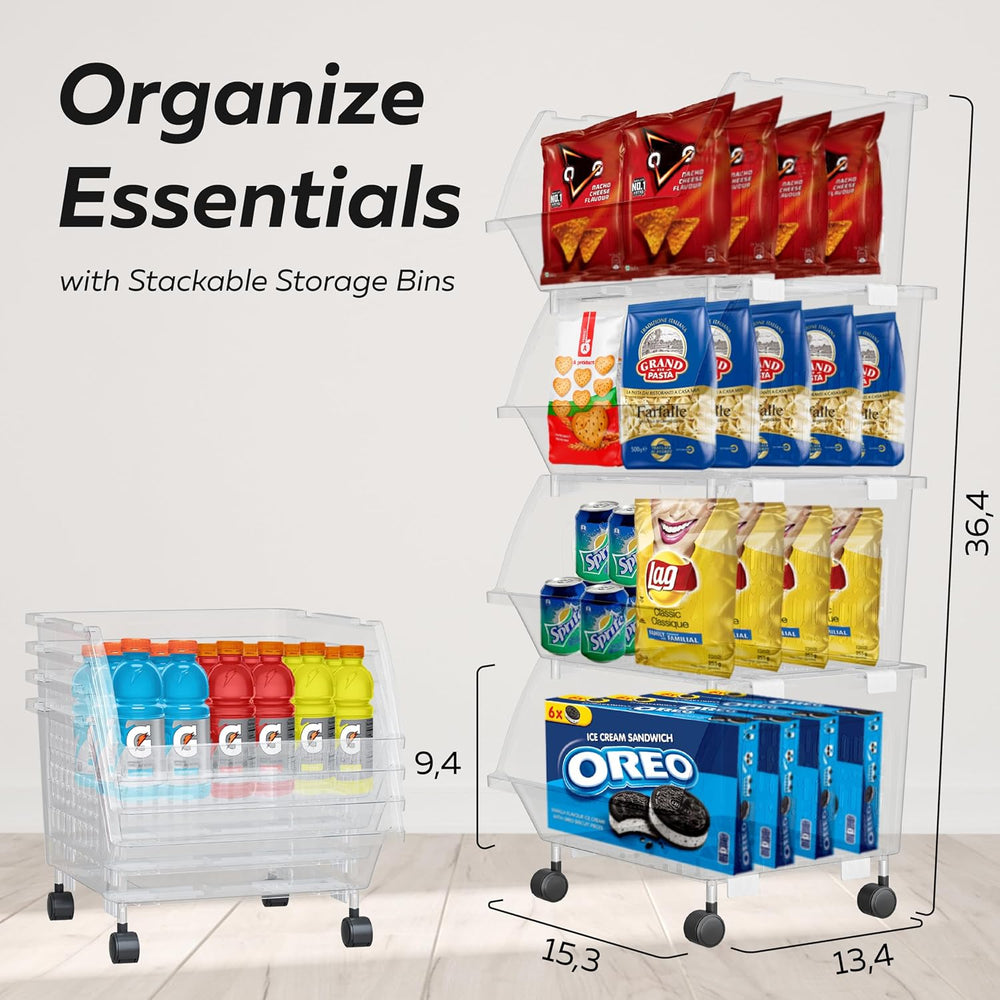 Large Stackable Storage Bins Open Front with Wheels, 8 Pack - Clear