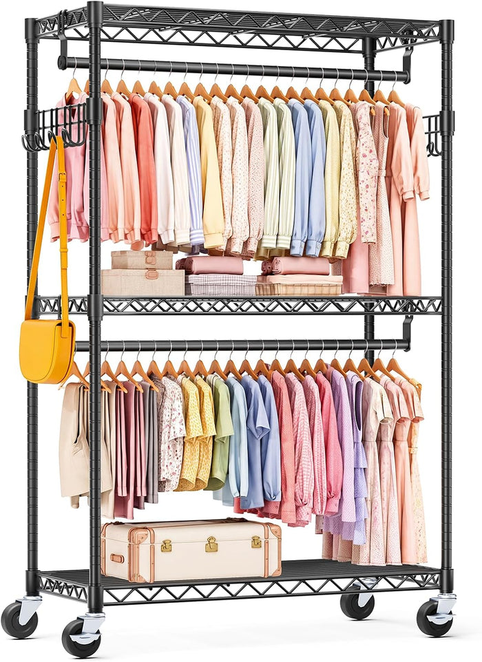 OLIXIS Rolling Clothes Rack, Heavy Duty Garment Rack, 35 IN, Metal Black