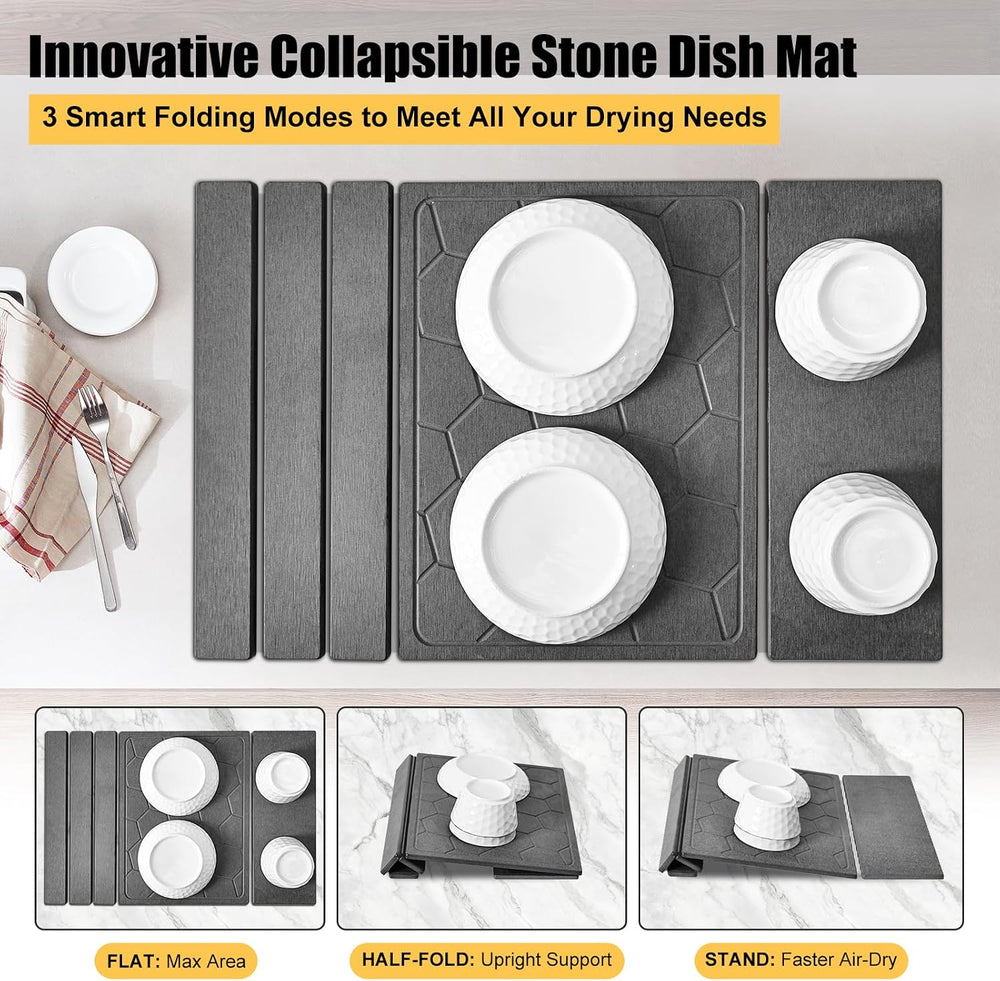 3-in-1 Collapsible Stone Dish Drying Mat, Gray, 24"x16"