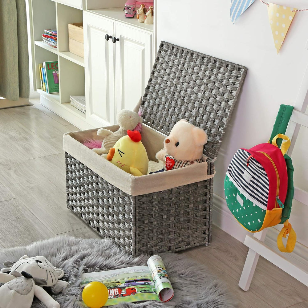 SONGMICS Woven Storage Basket with Lid, 17.2 Gallon (65L), Foldable
