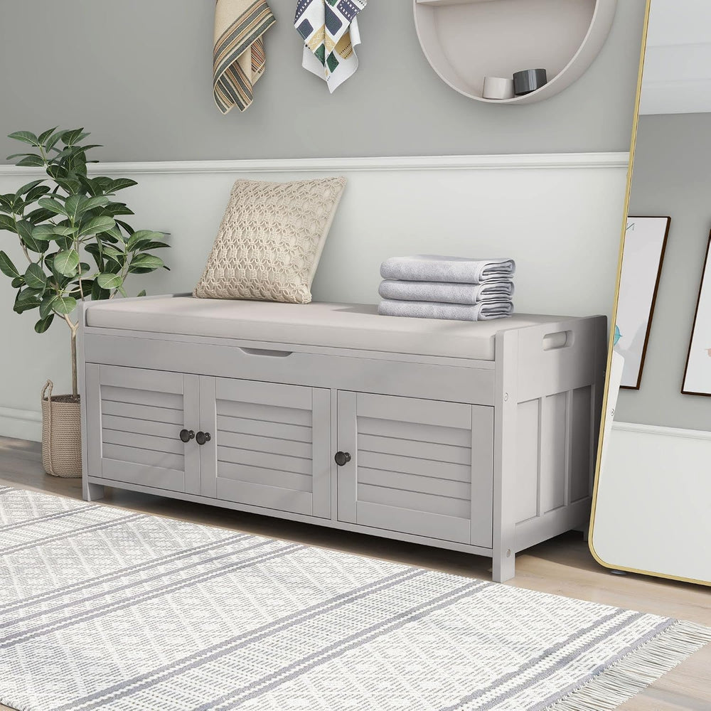 P PURLOVE Wood Storage Bench with 3 Shutter Doors, Shoe Bench with Removable ...