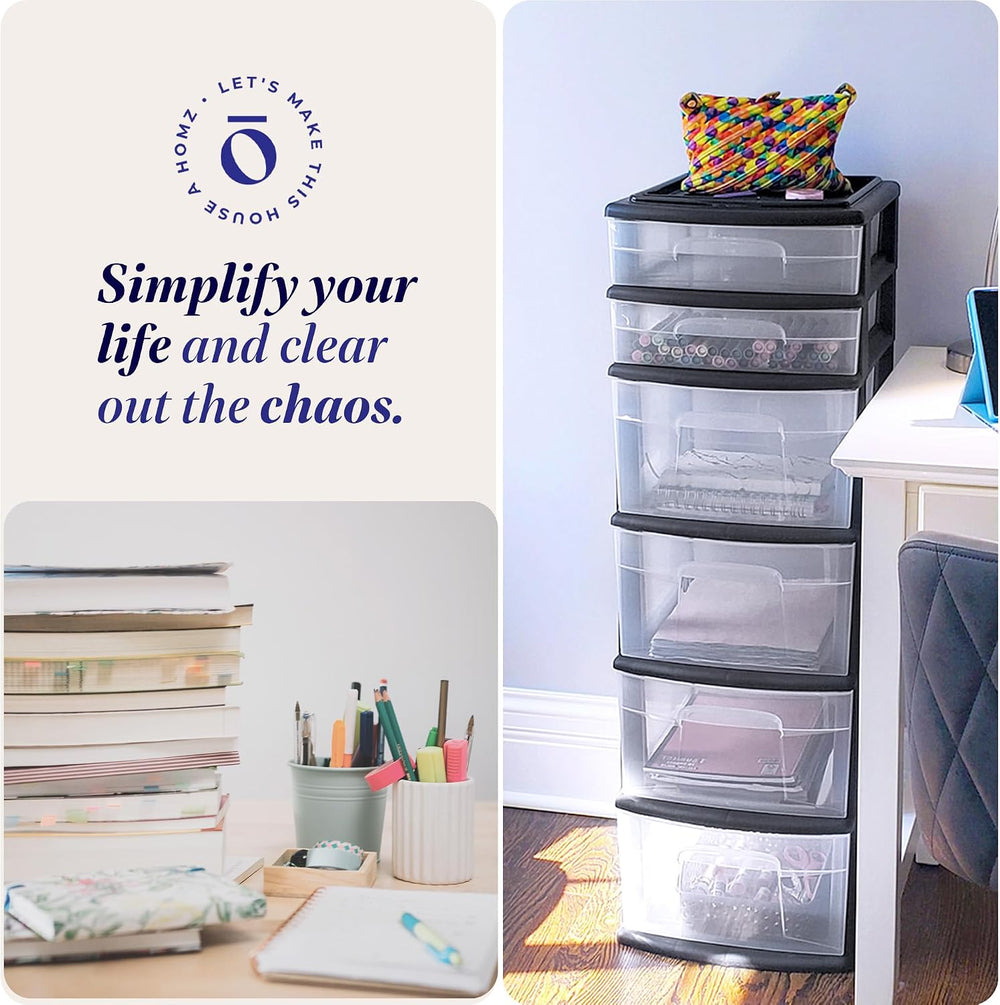HOMZ 6 Drawer Storage Cart, Large Plastic Container, Black Frame, 2 Pack
