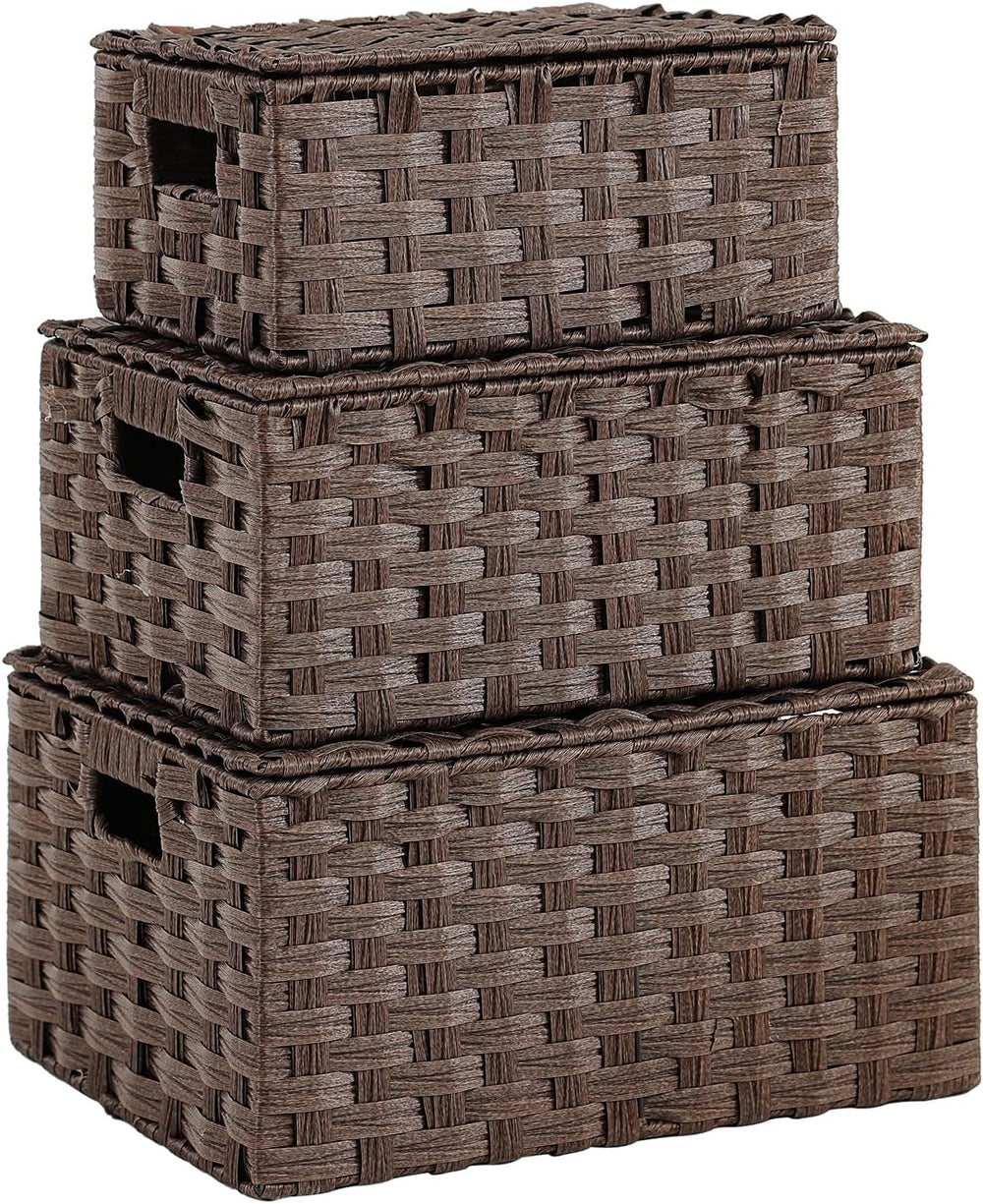 Woven Storage Bins With Lids Shelf Baskets Wicker Organizing Rattan Boxes Han...