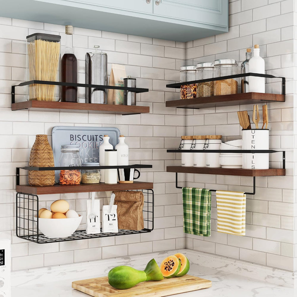 Bathroom Floating Shelves Wall Mounted - 4+1 Tier Rustic Wooden Bathroom Wall...