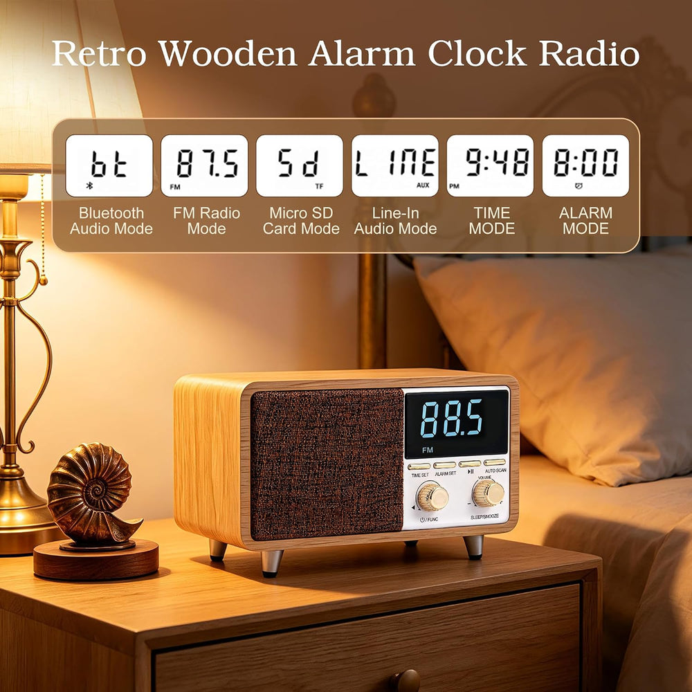 Portable Retro Radio Alarm Clock, Bluetooth Speaker with FM Radio