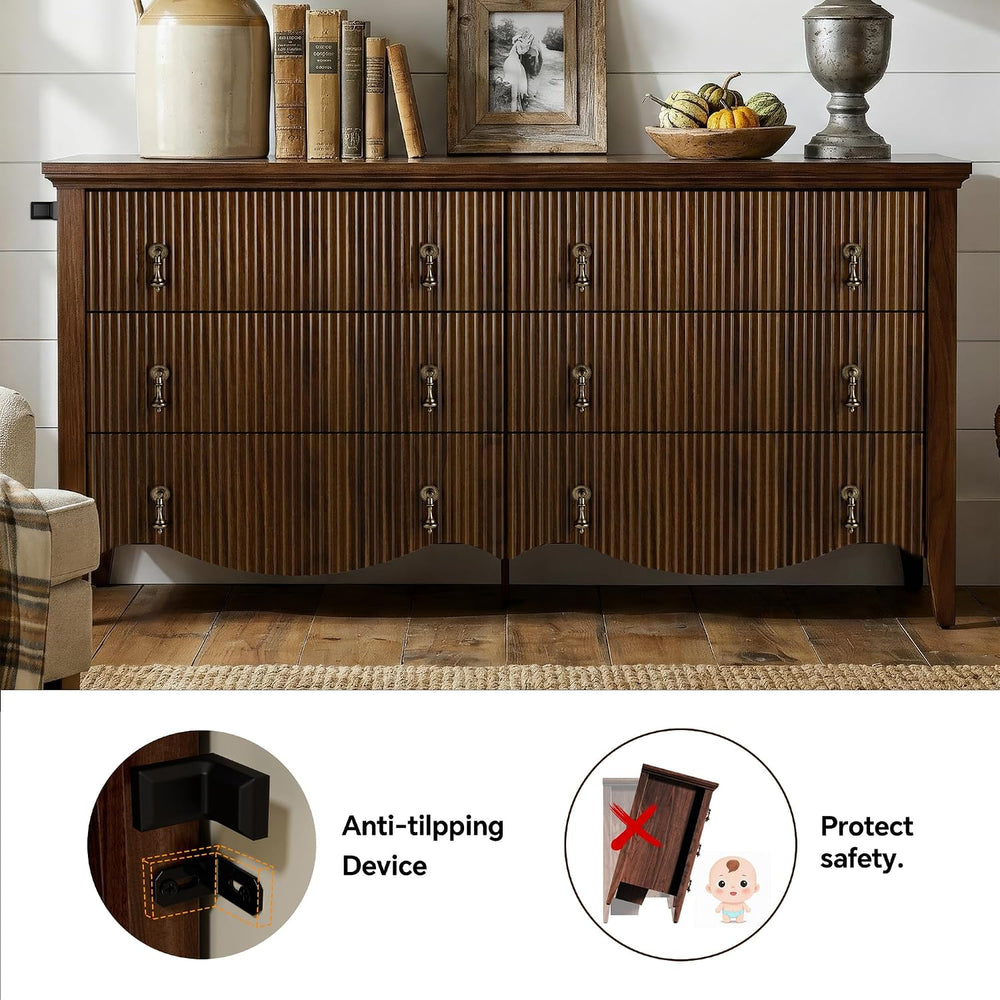 FUSUNBAO 6-Drawer Fluted Dresser, 52" Wide Double Chest of Drawers,Walnut
