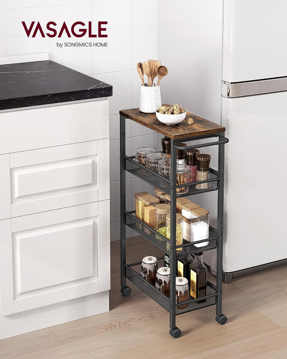 VASAGLE 4-Tier Slim Rolling Storage cart with Wheels, 8.7 Inches, Metal