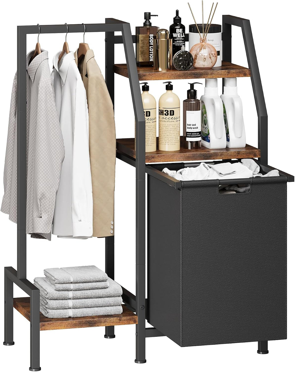 Laundry Hamper with Hanging Rack and 3 Shelves, Large Laundry Storage Basket,...