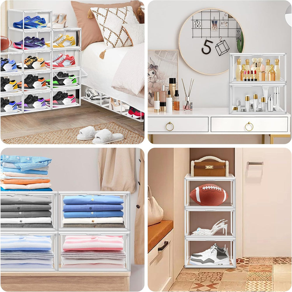 12 Pack Clear Plastic Shoe Organizer, Acrylic Magnetic Door, Fit Size 12