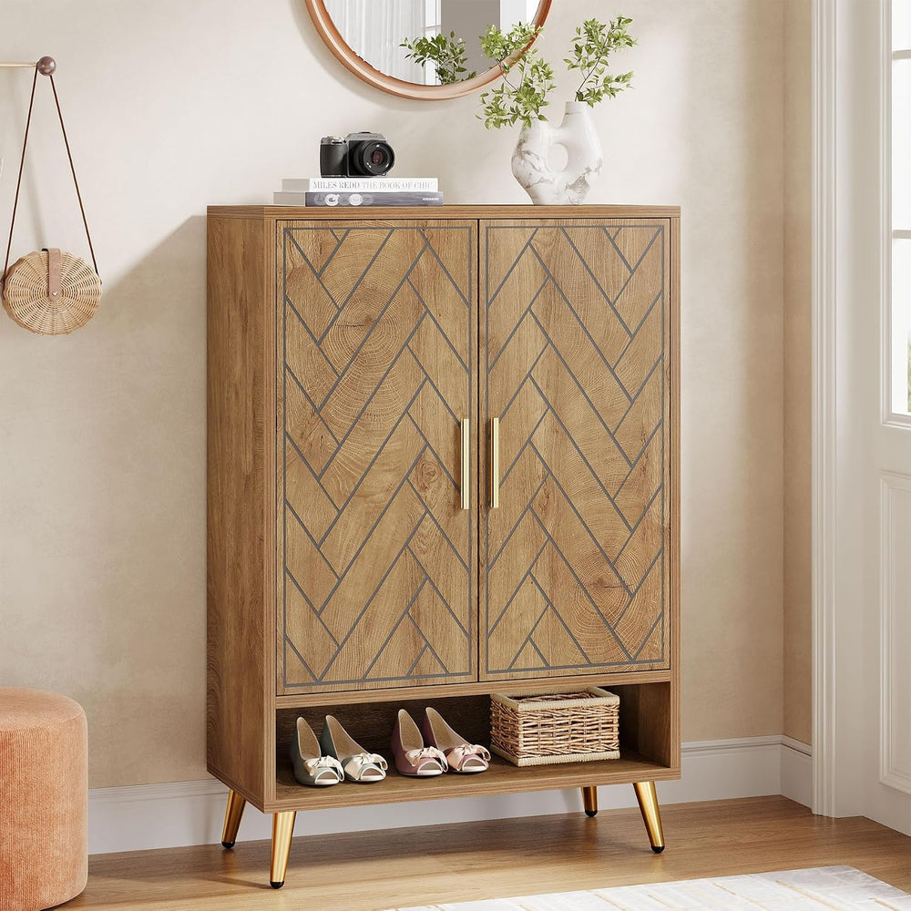 Tribesigns Entryway Shoe Cabinet with Doors (Natural Wood)