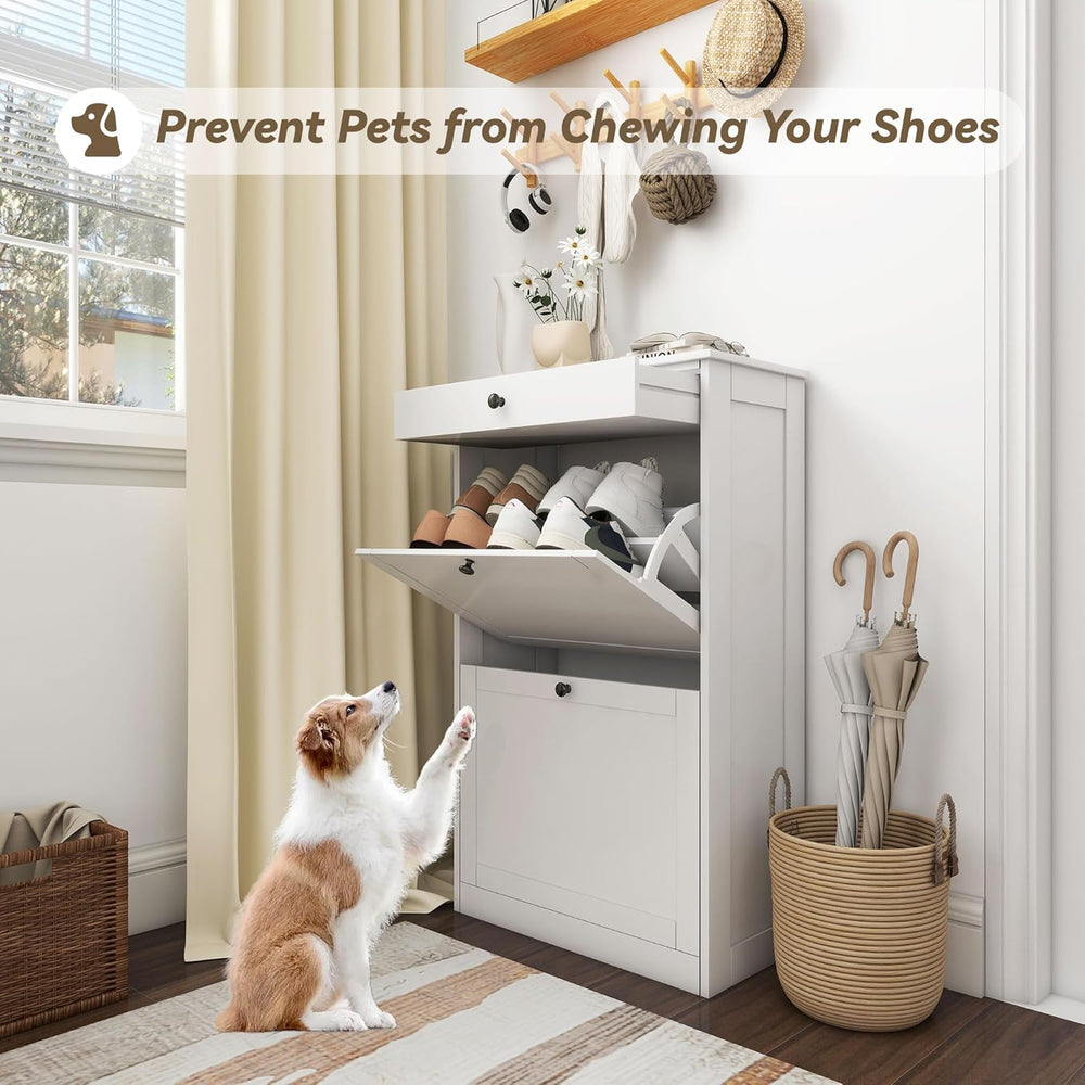 FTZxHKLX Shoe Cabinet with 2 Flip Drawers, Slim Shoe Storage Cabinet, White