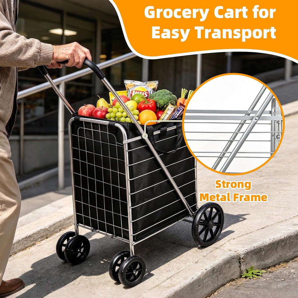 Folding Shopping Cart with Large Front Wheels, Grocery Cart with Waterproof L...