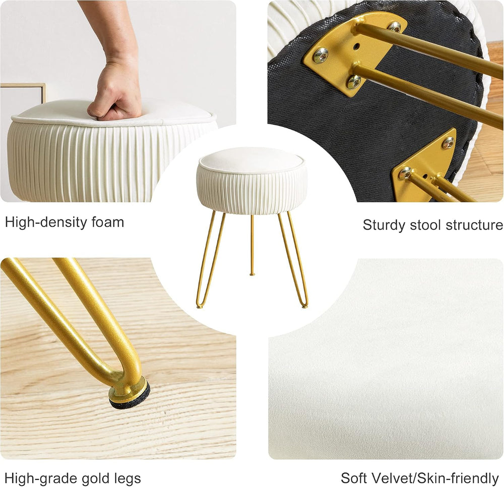 LUE BONA Pleated Vanity Stool, Velvet Upholstered Vanity Stool for Makeup Roo...