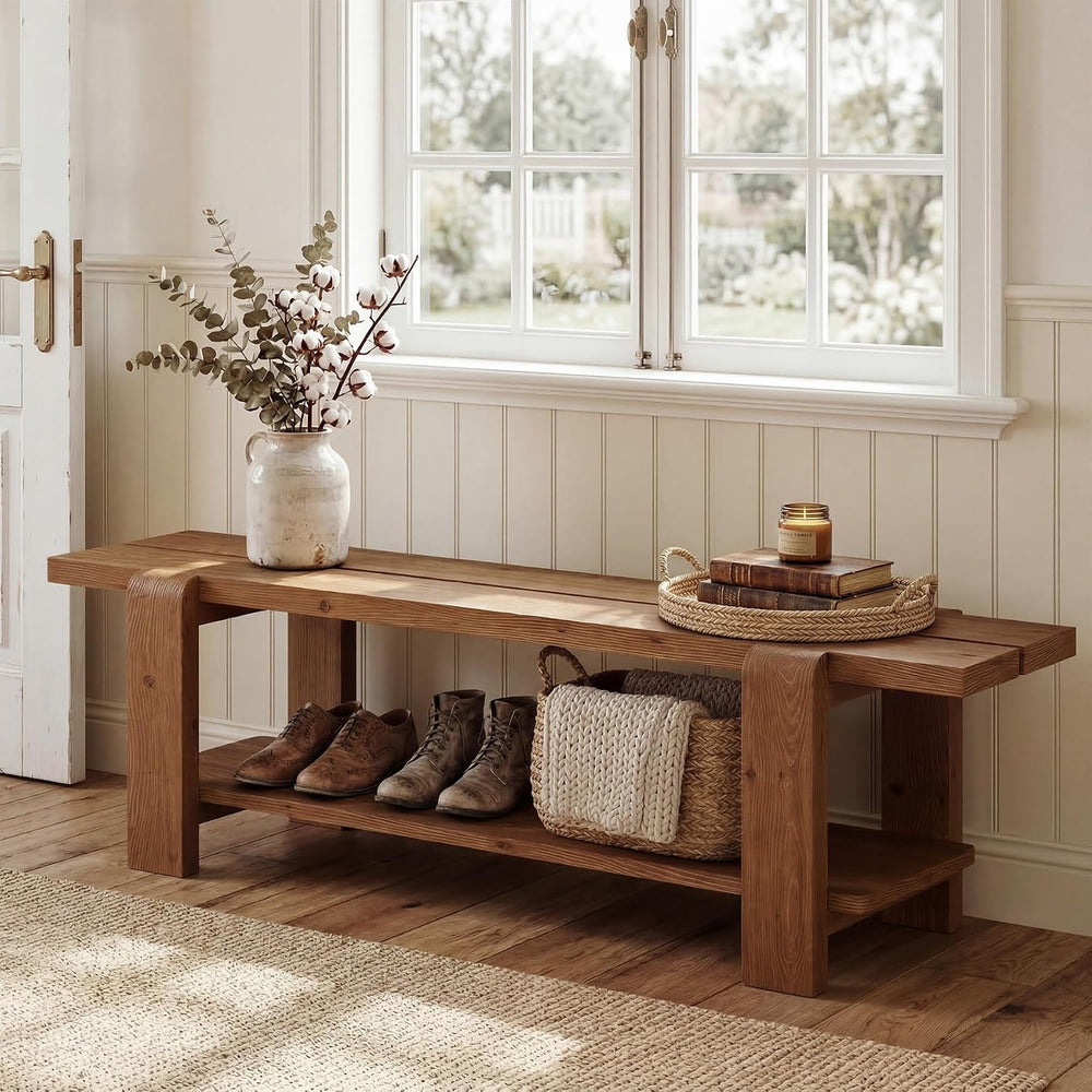 Solid Wood Entryway Bench with Shoe Storage Shelf, 63-Inch Long Farmhouse Ent...