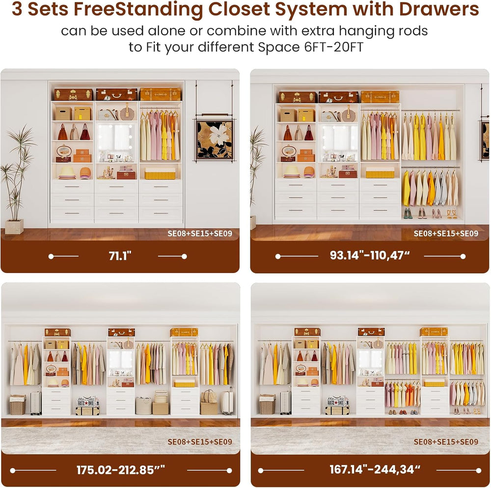 Closet System with 9 Drawers, 6-20FT Custom Closet Organizer System